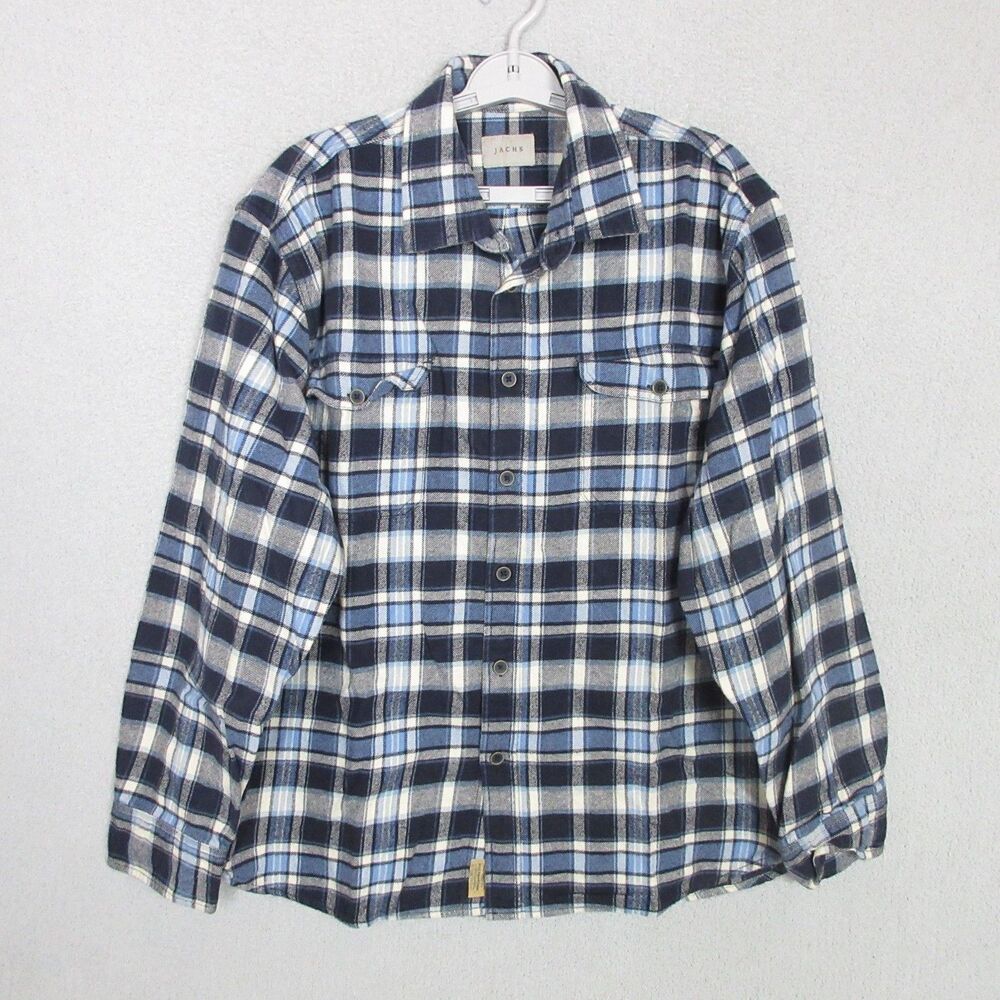 JACHS Flannel Shirt Mens Blue White Plaid Long Sleeve Button Up Relaxed